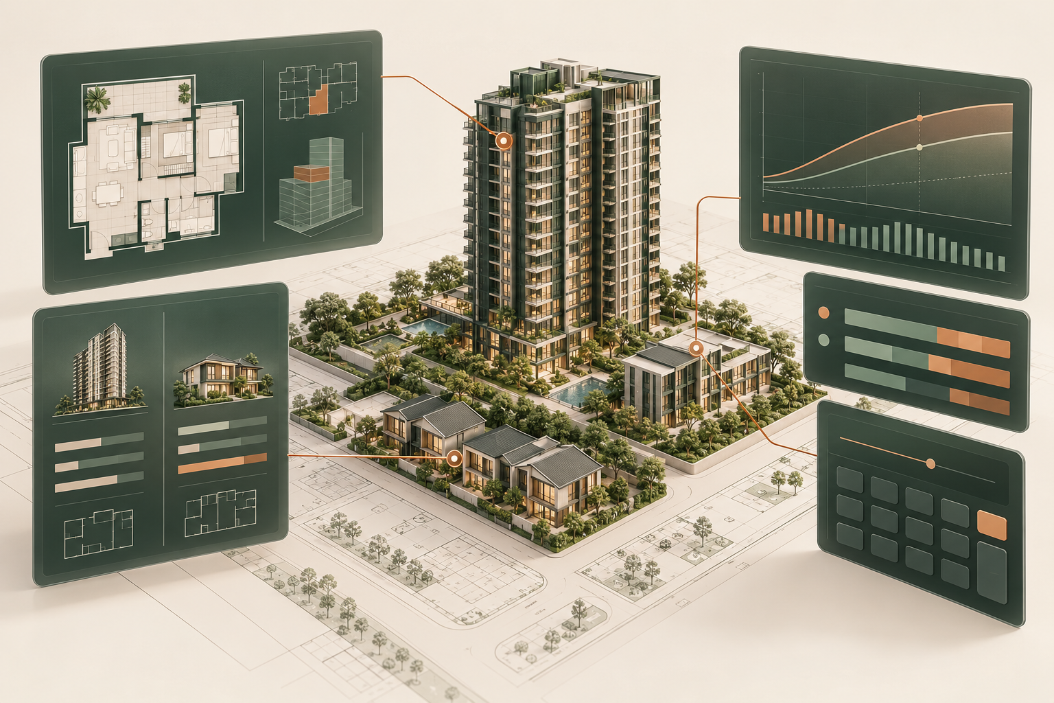 FindSpace property analysis concept: homes connected to floorplans, comparison panels, financial charts and a calculator